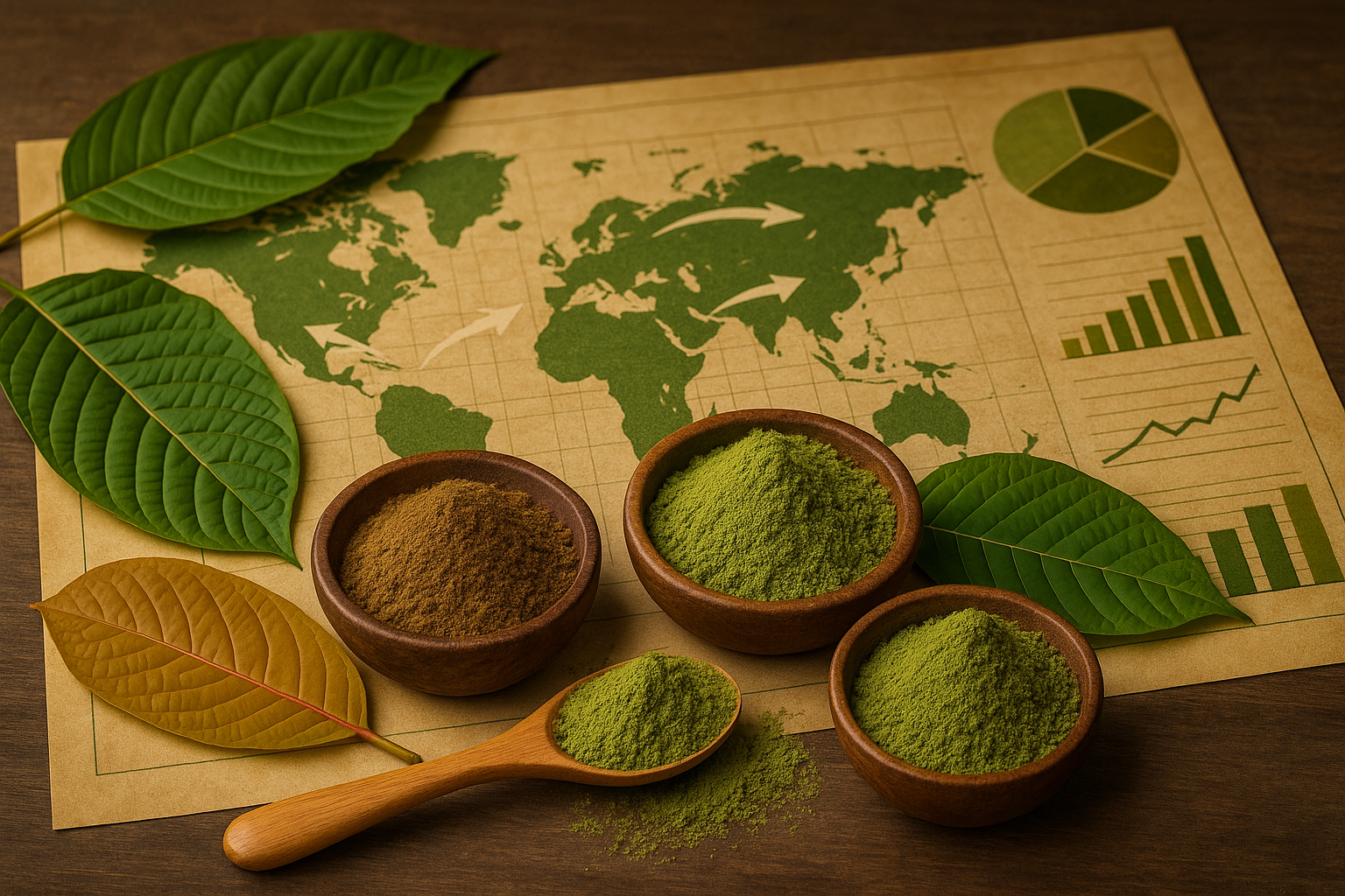 Kratom Pulver, Blätter, Weltkarte; jetzt günstig Kratom kaufen.