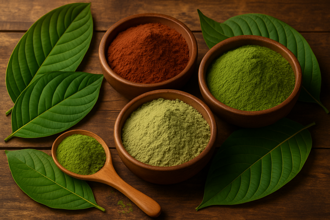 Verschiedene Kratom Sorten wie Red, Green, White und Yellow im Überblick im Online Shop